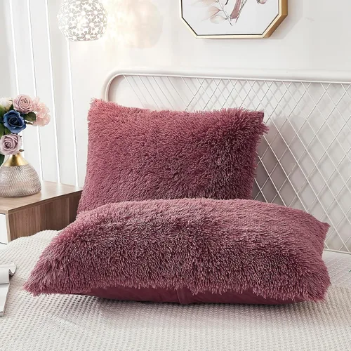 Miniatura 7 de Juego de 2 fundas de almohada estándar de piel sintética de terciopelo suave, fundas de almohada decorativas con cierre de cremallera