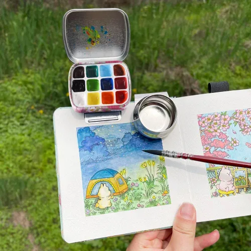 Miniatura 5 de Caja de estuche de pintura de acuarela portátil de mini lata de 12 celdas vacía es un pequeño kit de viaje de almacenamiento con clip magnético