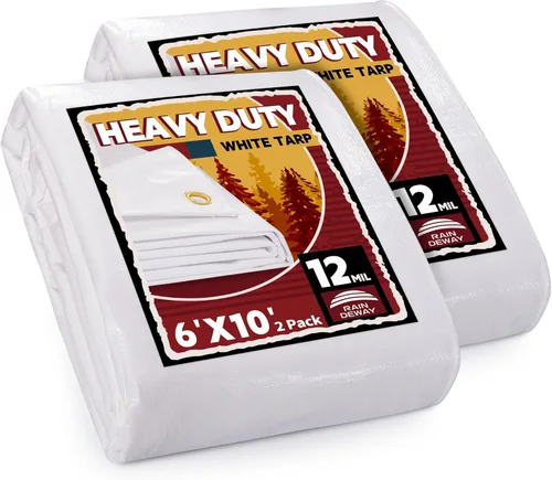 RAINDEWAY Lona Blanca Resistente de 12 Mil de 6 x 10 Pies (Paquete de 2), Resistente a los Rayos UV, Impermeable, Resistente a la Intemperie, Lona