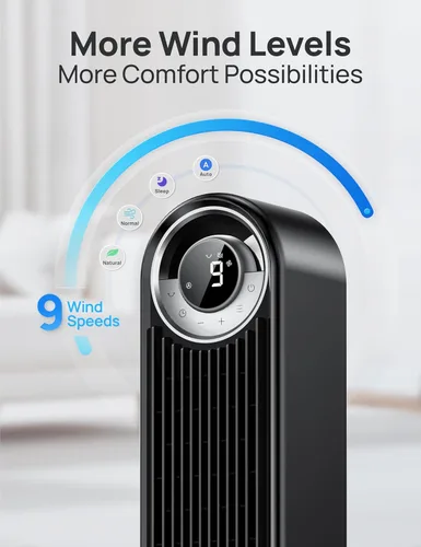 Miniatura 4 de Dreo - Ventilador de torre para dormitorio, DC actualizado de 9 velocidades 25dB ultrasilencioso, ventilador de piso, ventiladores oscilantes de 90°