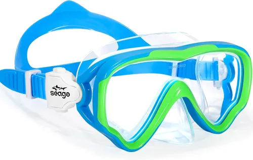 Seago Gafas de natación para niños, máscara de buceo para jóvenes (5-15), antivaho 180° visión clara azul y verde