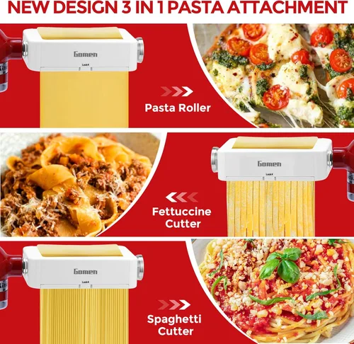 Miniatura 4 de Accesorio para hacer pasta para mezcladores de pie KitchenAid 3 en 1 de acero inoxidable Rodillo de pasta, cortador de espaguetis/fettuccine