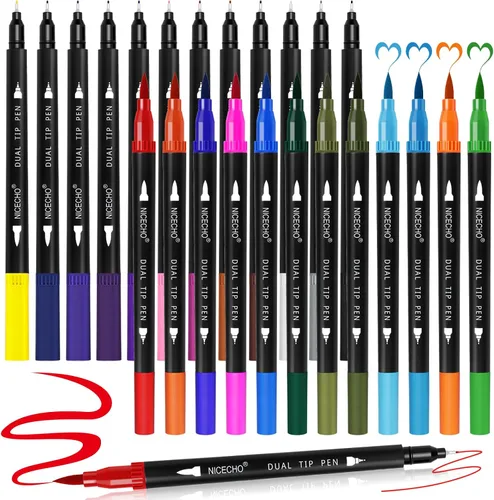 Nicecho Marcadores Artísticos de Doble Punta de 24 Colores para Libros para Colorear para Adultos, Punta de Pincel y Rotulador Fino Suministros de