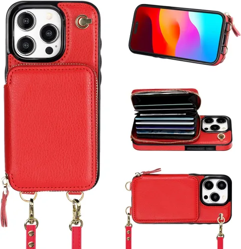 Miniatura 9 de Bocasal Funda tipo cartera cruzada para iPhone 15 Pro, funda de piel con bloqueo RFID y soporte para tarjetas, funda protectora con cremallera