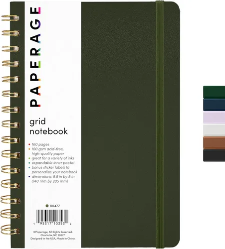PAPERAGE - Cuaderno y diario de espiral con hojas cuadriculadas, tapa dura, 160 páginas, tamaño mediano 5.5 x 8 pulgadas, papel grueso de 100 g/m²,