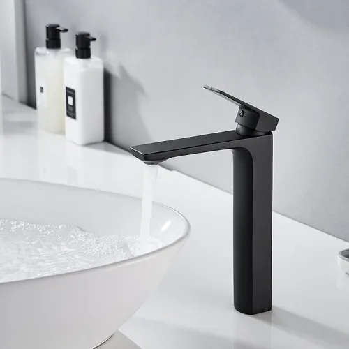 Miniatura 3 de VOTON - Grifo de lavabo negro para recipiente, monomando de una sola perforación, alto para baño, mezclador para lavabo de RV, de latón macizo, 1.2