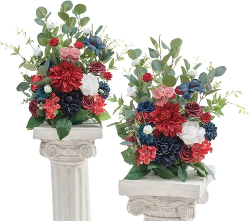 Miniatura 10 de TINGE TIME Juego de 2 flores artificiales de pie, centro de mesa con almohadilla de goma, flor falsa de seda para centro de mesa de boda, arco