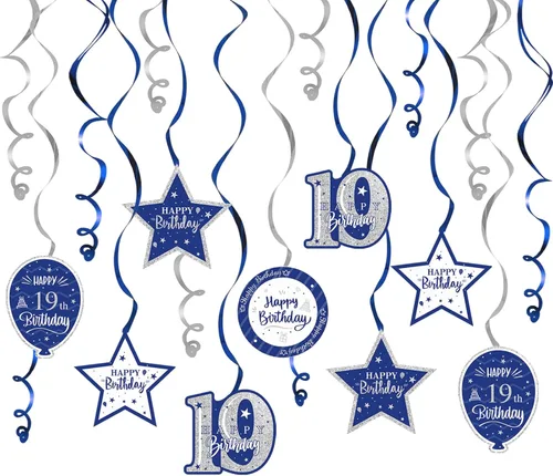 Miniatura 9 de Decoración de fiesta de serpentinas con purpurina azul y plateada de feliz 11º cumpleaños, 15 piezas de remolinos colgantes de 11 cumpleaños, cartel