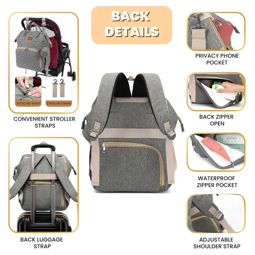 Miniatura 4 de ROSEGIN Mochila para pañales para bebé con cambiador, funda para chupete, para niños y niñas pequeños, grande, elegante, impermeable, bolsa de Gris