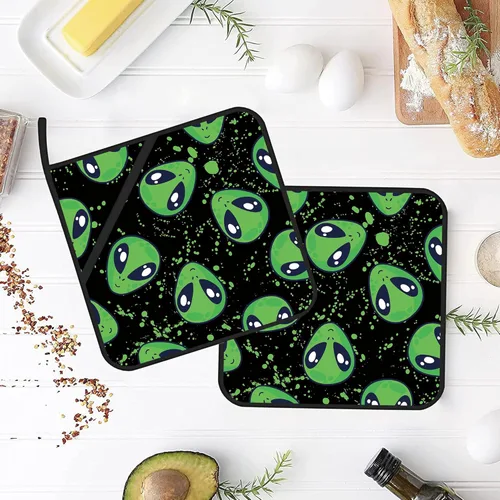 Miniatura 4 de Soportes para ollas verdes de alienígena, 2 unidades para cocina, almohadillas calientes resistentes al calor para cocinar a la parrilla, hornear