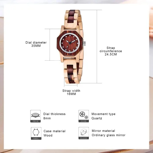 Miniatura 4 de Reloj de madera para mujer con correa de madera de cuarzo, analógico, colorido, relojes de madera de bambú para mujer, BS-WM01-MADERA
