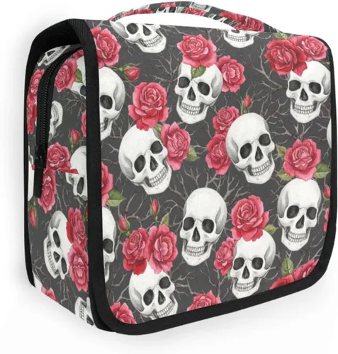 Miniatura 37 de MNSRUU Neceser colgante con diseño de calavera y girasol, bolsa de maquillaje de viaje para artículos de tocador, organizador de artículos