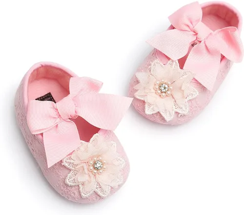 Miniatura 5 de QWZban Baby Girls Mary Jane Flats with Bowknot Flowers Soft Newborn Infant First Walkers Crib Shoes Wedding Party Christmas Dress Shoes