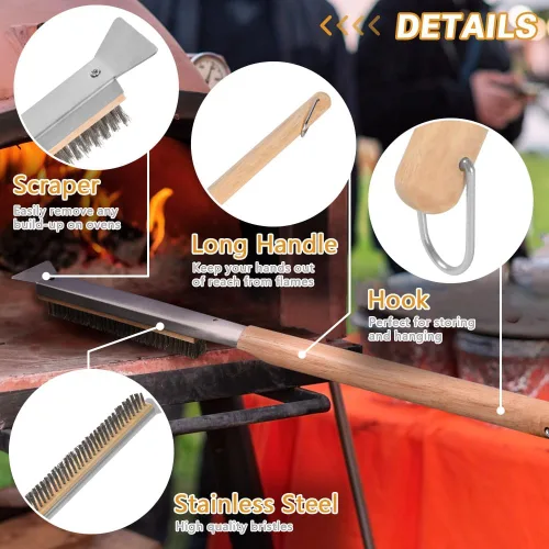 Miniatura 3 de Aolso Cepillo para horno de pizza, cepillo de 21 pulgadas y raspador de acero inoxidable para piedra de pizza, cepillo de limpieza de parrilla