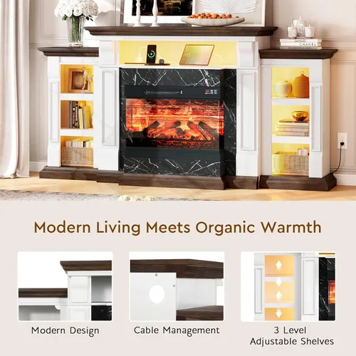 Miniatura 6 de LGHM Soporte de TV con Chimenea Eléctrica LED con Tomacorriente, Repisa de Chimenea de 72'' para TVs de hasta 80'', Centro de Entretenimiento Blanco