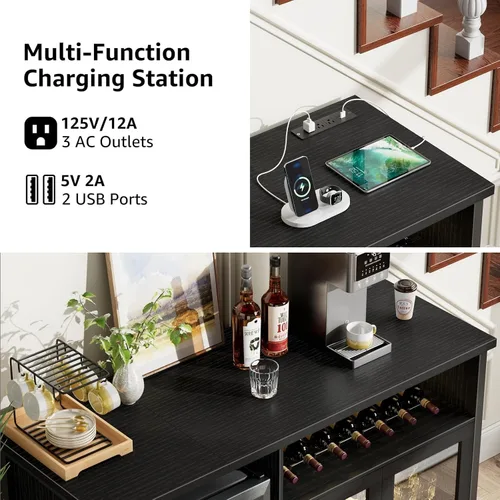 Miniatura 6 de Gabinete de barra de vino con espacio para mini refrigerador, gabinete de barra de café negro y gabinete de licores con estante de almacenamiento