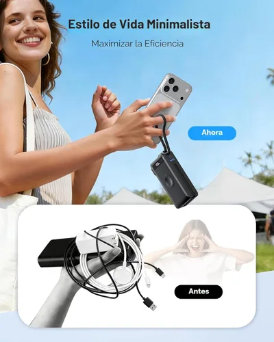 Miniatura 2 de Cargador portátil con cables integrados y enchufe de pared, 50% más pequeño 10000 mAh, cargador de batería USB C de 22.5 W, batería esencial
