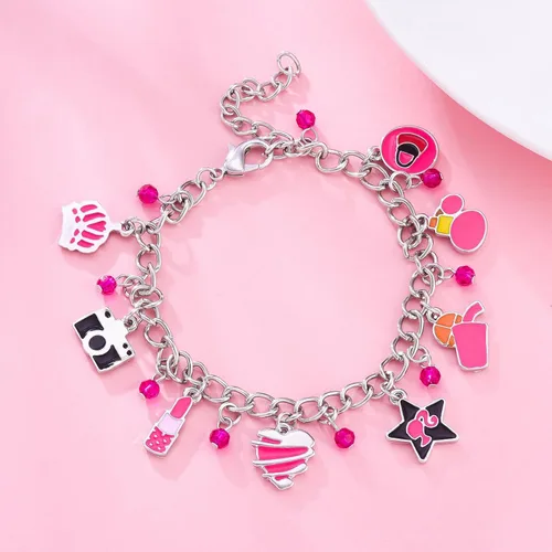 Miniatura 4 de Pulsera de película rosa para niña, accesorios de pulsera con dijes rosados para mujeres y niñas, joyería para regalo de disfraz, Metal, cristal