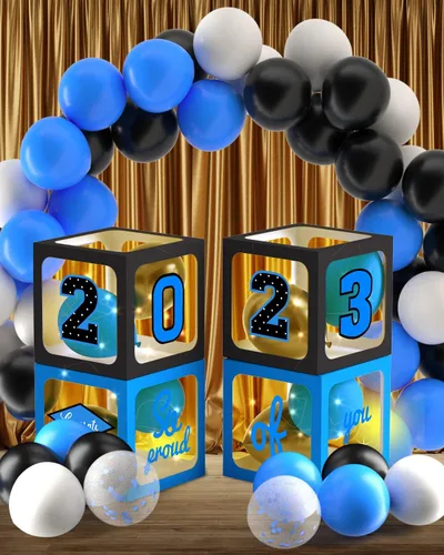 Miniatura 4 de Decoraciones de fiesta de graduación 2023-4 cajas de globos de graduación, 35 globos y 4 tiras de luces LED para la clase de 2023 decoración