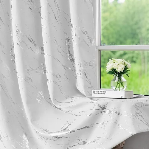 Miniatura 27 de WUBODTI Cortinas 100% Opacas de Mármol Beige de 63 Pulgadas de Largo 2 Paneles, Cortina Corta con Ojales de Impresión de Lámina Dorada Moderna