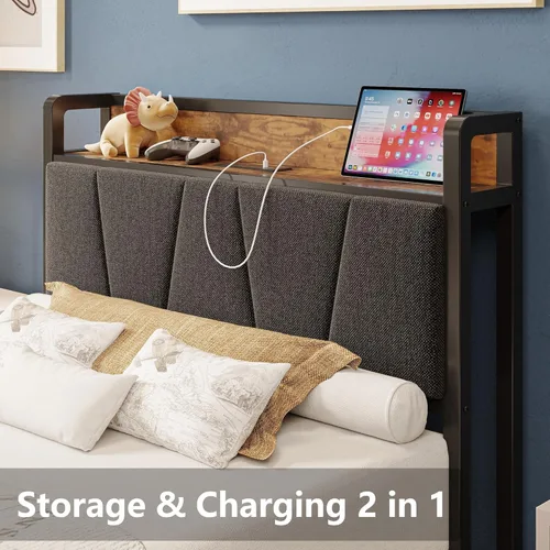 Miniatura 3 de LIKIMIO Marcos de Cama Twin XL, Cabecera de Almacenamiento con Estación de Carga, Sólido y Estable, Sin Ruido, No Necesita Somier, Fácil Montaje