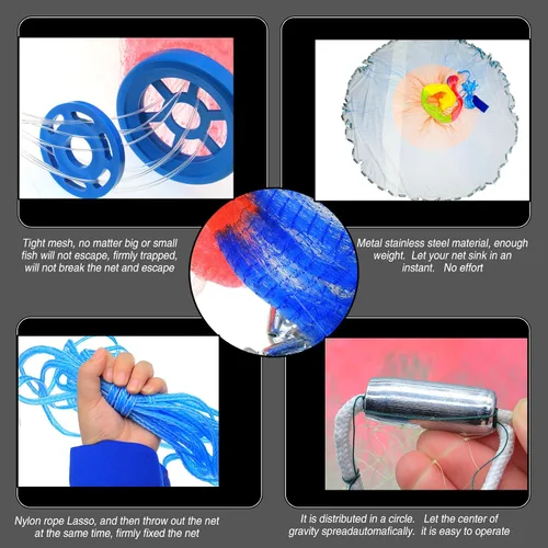 Miniatura 3 de Red de nailon de monofilamento fundido, red de pesca de estilo americano con pesos chapados en zinc para agua salada y agua dulce, malla de 3/8