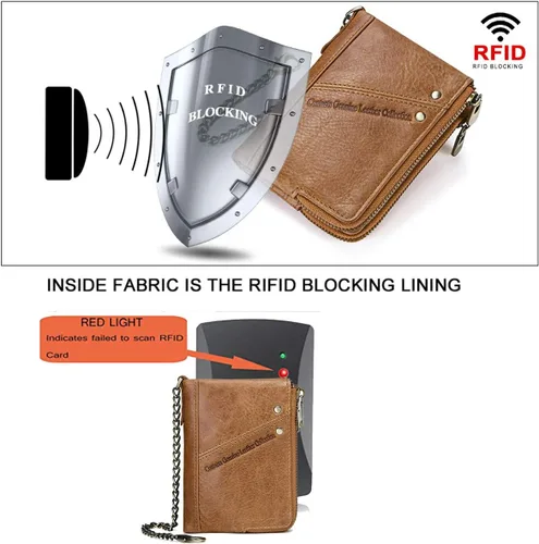 Miniatura 4 de Contacts RFID - Monedero con doble cremallera para hombre (piel, con cadena antirrobo), Marrón, talla única