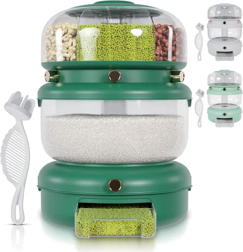 Dispensador de arroz y granos múltiples: almacenamiento de alimentos giratorio 3 en 1 hermético con colador, soporta hasta 22 libras (12 libras a