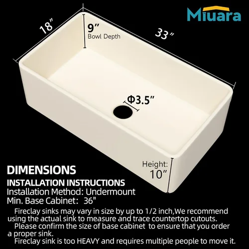 Miniatura 31 de Miuara Fregadero de Granja Negro de 33 Pulgadas - Fregadero de Cocina Grande de Frente con Delantal Tazón Individual 33"x18"x10", Instalación Bajo