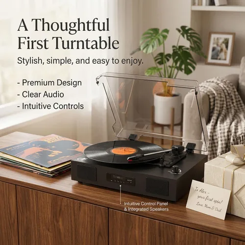 Miniatura 11 de Tocadiscos de vinilo Bluetooth con dos altavoces incorporados, grabación USB, transmisión por correa, 3 velocidades, tocadiscos para discos de Negro