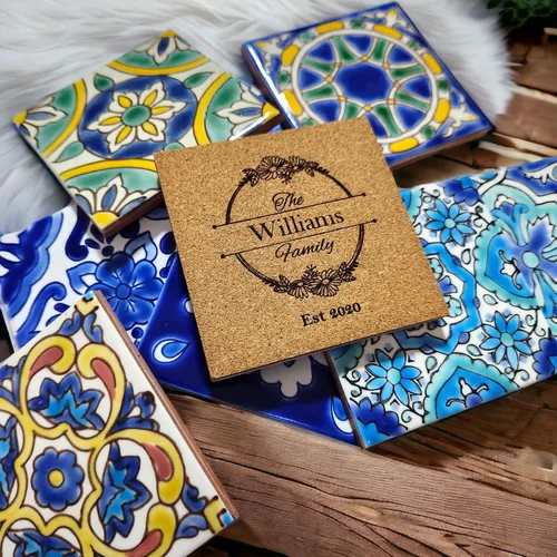 Miniatura 3 de Juego de posavasos de azulejos de cerámica pintados a mano personalizados de 4 x 4 pulgadas, disponible en juegos de 4, 6, 8, 12 y 16, ideal