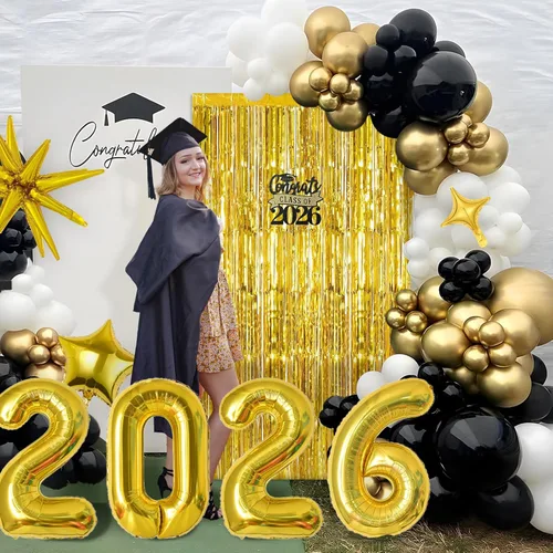 Miniatura 3 de Kit de arco de guirnalda de globos de graduación para decoraciones de graduación de clase de 2026, globos negros dorados y blancos de diferentes