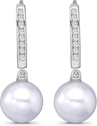 Miniatura 2 de Aretes colgantes de oro blanco de 10 quilates y perlas cultivadas de agua dulce de 0.354in (16 cttw, color I-J, claridad I2-I3), Metal Piedra
