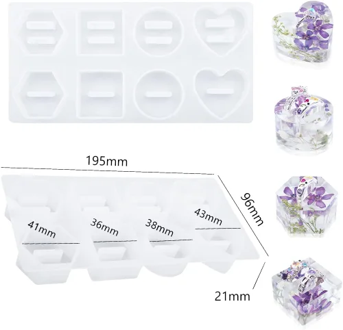 Miniatura 6 de Molde de resina para anillos de 8 cavidades, moldes de silicona para resina epoxi, corazón, redondos, cuadrados hexagonales para exhibir joyas