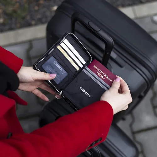 Miniatura 5 de ÖGON -DESIGNS- Cartera acolchada de aluminio para pasaporte de gran capacidad, tamaño de pasaporte, organizador de embrague, cartera de bloqueo RFID