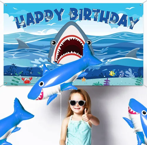 Miniatura 3 de Tatuo Cartel de fondo de cumpleaños de tiburón, decoraciones de cumpleaños de tiburón, fondo de fotografía de zona para niños y niñas, suministros