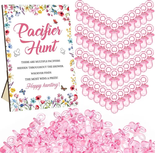 Miniatura 17 de Thyle Juego de 51 piezas de chupete de caza para baby shower, incluye signo de caza y 50 chupetes acrílicos para decoración de juegos de baby Rosa