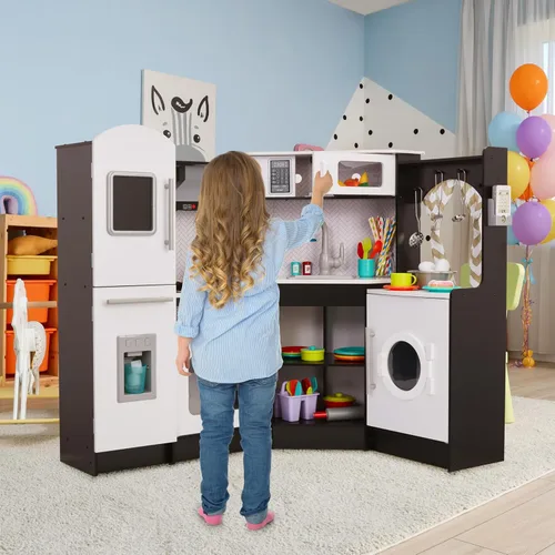 Miniatura 8 de Lil' Jumbl Juego de cocina de esquina para niños, cocina de lujo de madera de simulación, máquina de hielo a pilas, estufa y grifo con sonido Negro