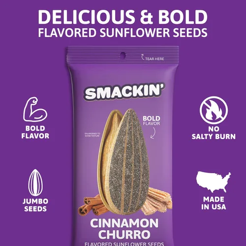 Miniatura 2 de SMACKIN' Semillas de girasol, tostadas Jumbo de lote pequeño, hechas en Estados Unidos - Canela Churro. Bolsas de 1.5oz (paquete de 36)