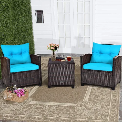 Miniatura 15 de RELAX4LIFE Juego de muebles de patio de 3 piezas, juego de conversación de mimbre con 2 sillones acolchados y mesa con tapa de cristal, juego