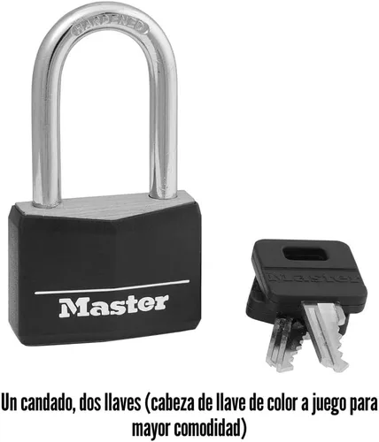 Miniatura 4 de Master Lock Cerradura de aluminio cubierta negra, cerradura de armario de gimnasio con llave, candado al aire libre con grillete largo para puertas