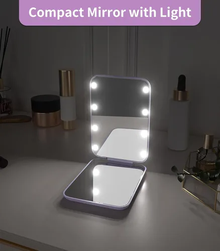 Miniatura 5 de WOBSION Espejo pequeño con luces, espejo de maquillaje compacto LED, mini espejo de viaje 1x/3x con aumento, portátil para bolso, bolsillo, regalos
