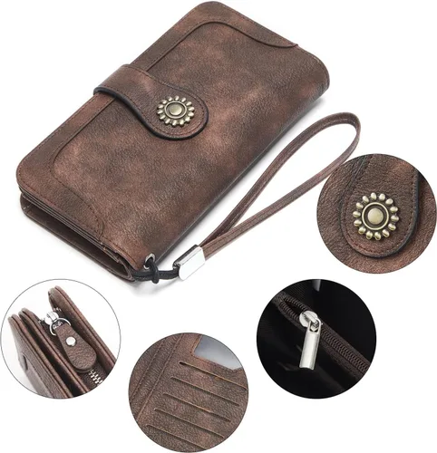 Miniatura 6 de Telena Billeteras de cuero para mujer, tamaño grande, triple, tarjetero, 0-4-Café niebla, Vintage