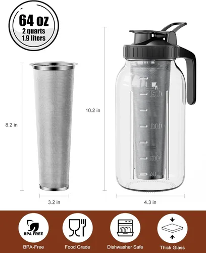 Miniatura 2 de Pack de 2 cafeteras de infusión en frío - Jarra de vidrio Mason de 64 oz con filtro de acero inoxidable, tapa con pico para café helado, té, 2 Pack
