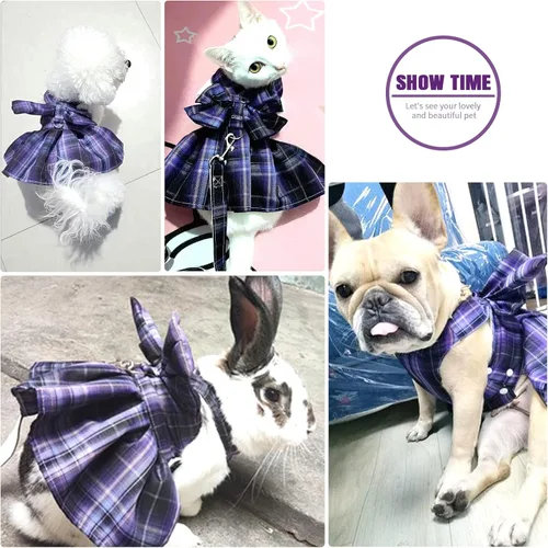 Miniatura 5 de PETCARE Vestido de perro a cuadros con pajarita y arnés para perros pequeños, gatos, niñas, lindos vestidos de princesa para perro, primavera