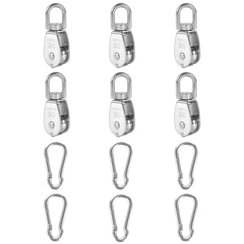 6 unidades de bloque de polea simple M20 de acero inoxidable 304, rueda de remolque con cable colgante, con 6 ganchos de resorte de enganche rápido