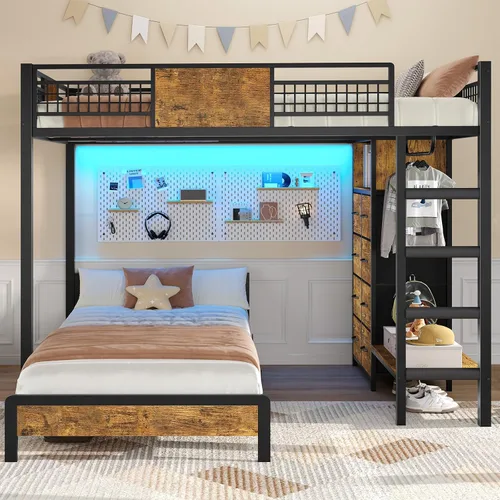 ADORNEVE Litera Full sobre Twin con 8 cajones de almacenamiento, cama alta de metal con luces LED y estantes de almacenamiento, literas Twin sobre