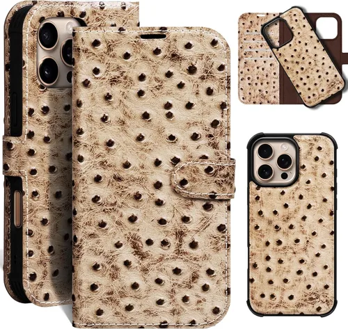 Miniatura 9 de Funda de cuero compatible con iPhone 16 Pro Max Cartera 6.9", cuero genuino 2 en 1, magnética, desmontable, a prueba de golpes, funda tipo folio