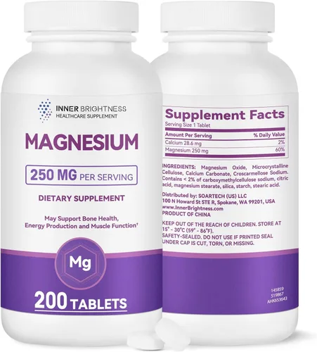 Suplemento de magnesio puro de 250 mg con calcio, tabletas de magnesio de alta absorción para fuerza ósea, función muscular, relajación y apoyo para