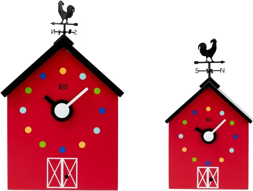 Miniatura 4 de KOOKOO Red Barn - Reloj pequeño de granja con 12 sonidos de animales, un gallo y una veleta giratoria